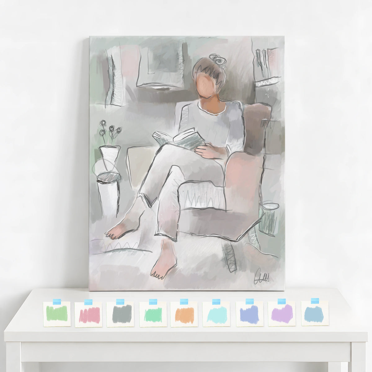 Woman Reading Canvas Wall Art | Neutral Line Art Print