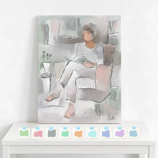 Woman Reading Canvas Wall Art | Neutral Line Art Print