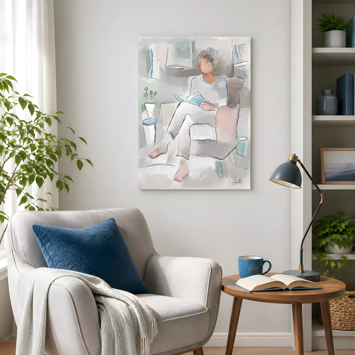 Woman Reading Canvas Wall Art | Neutral Line Art Print