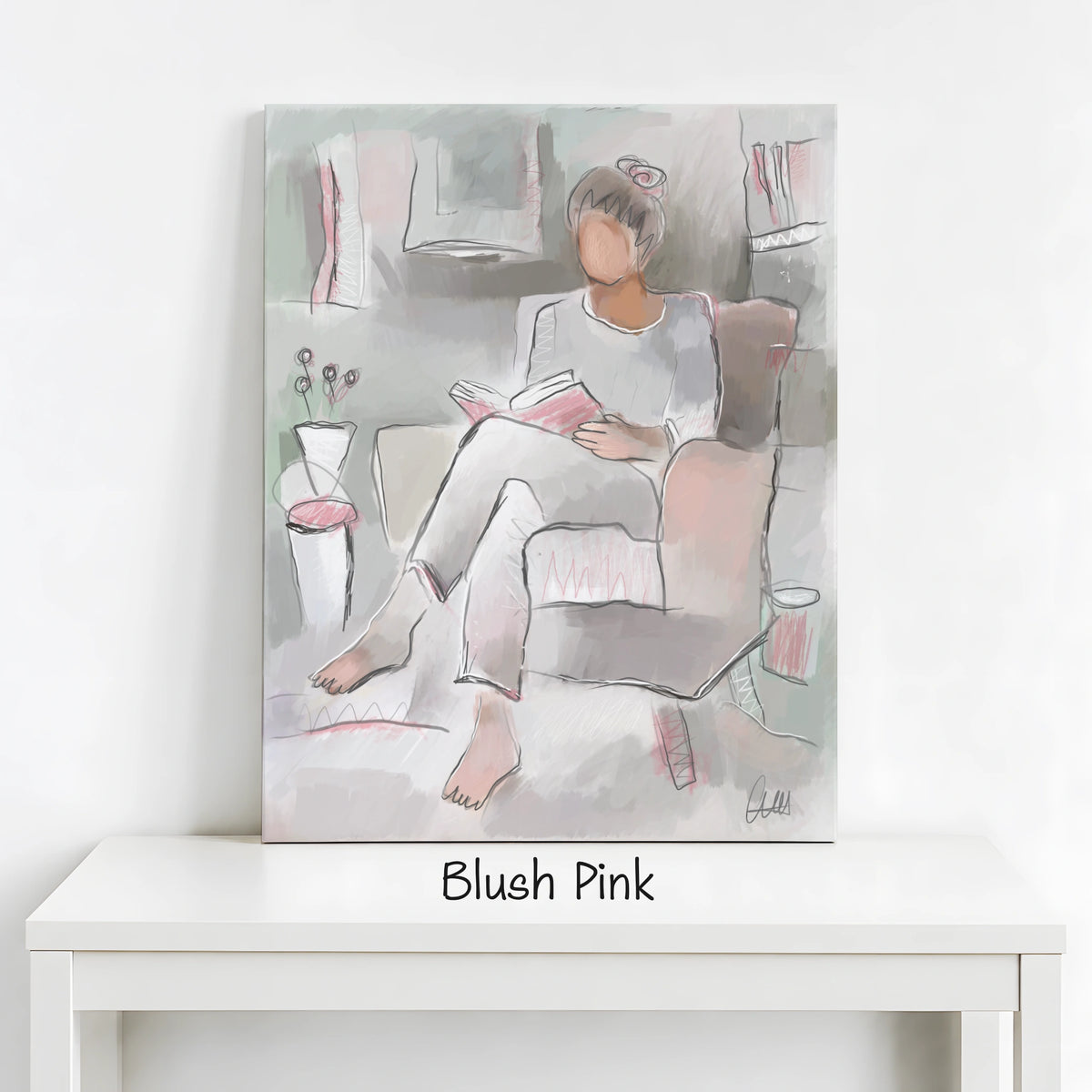 Woman Reading Canvas Wall Art | Neutral Line Art Print