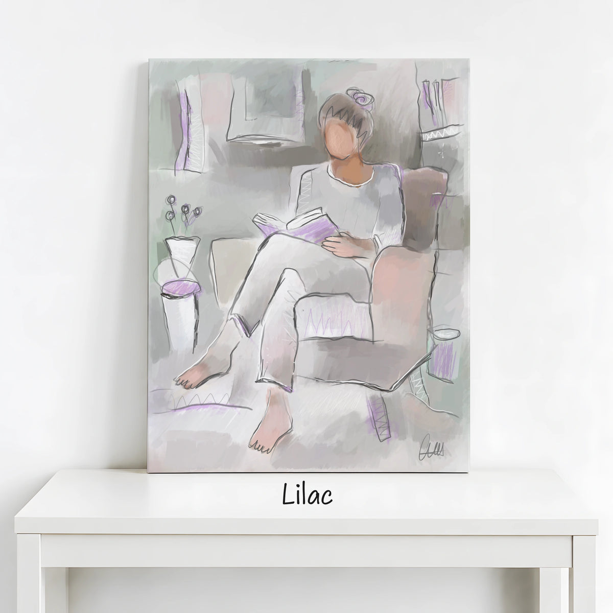 Woman Reading Canvas Wall Art | Neutral Line Art Print