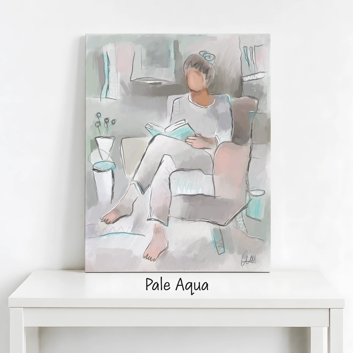 Woman Reading Canvas Wall Art | Neutral Line Art Print