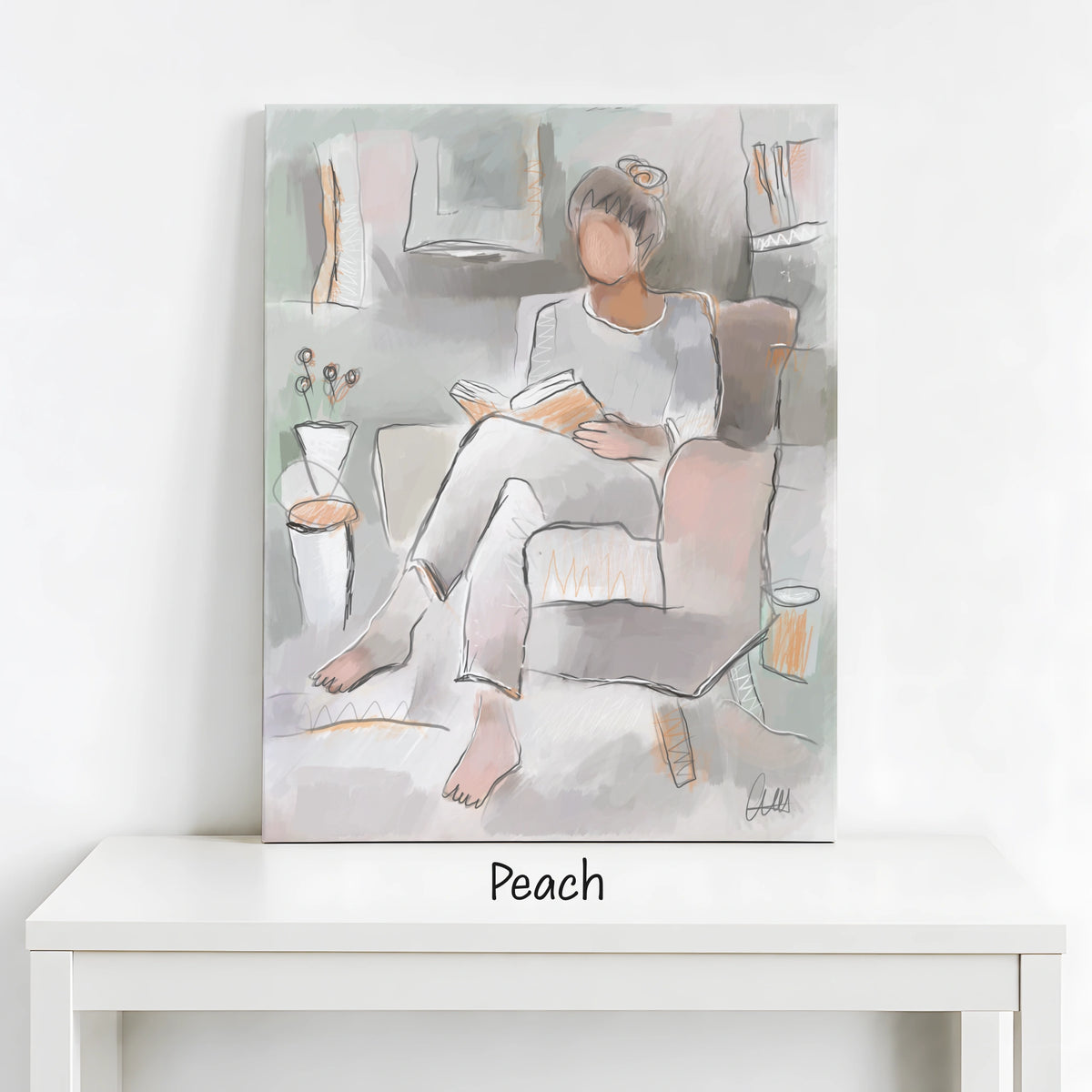 Woman Reading Canvas Wall Art | Neutral Line Art Print
