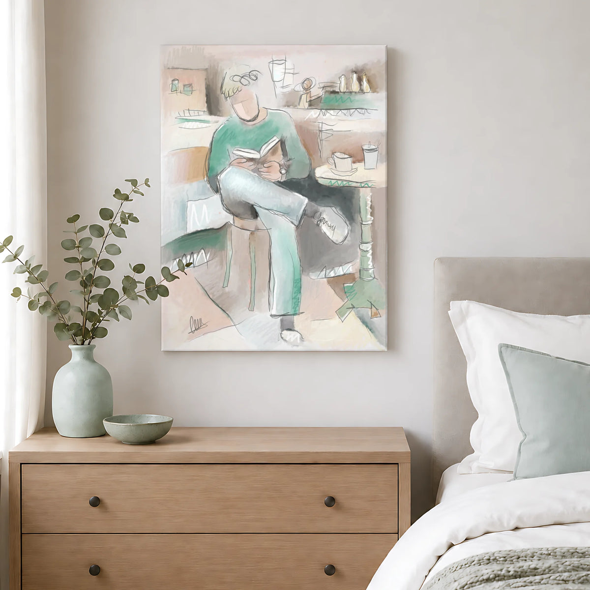 Man Reading in Coffee Shop Canvas Print | Organic Modern Wall Art