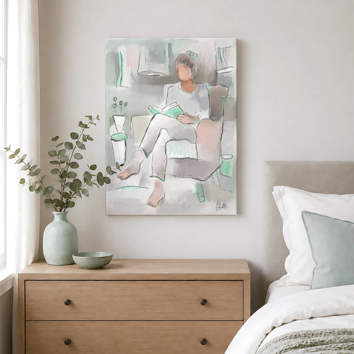 Woman Reading Canvas Wall Art | Neutral Line Art Print