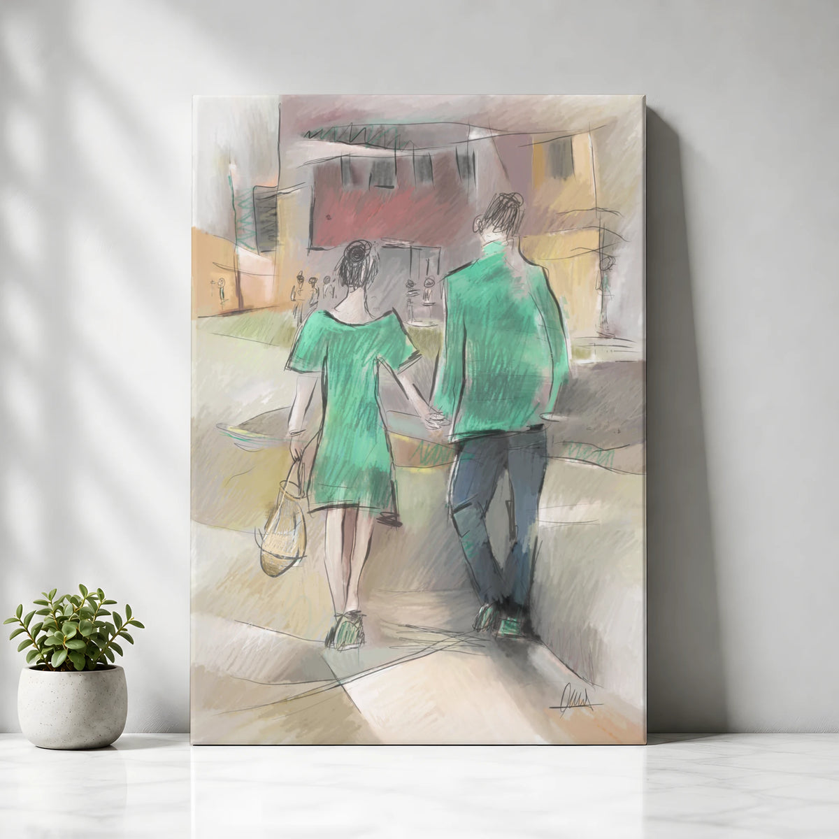 Couple Walking Urban Street Canvas Print | Impressionist Style