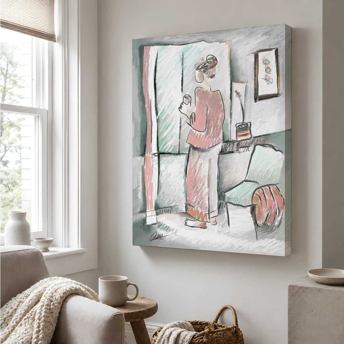 Woman Looking Out Window | Minimalist Print | Customizable Accent Color
