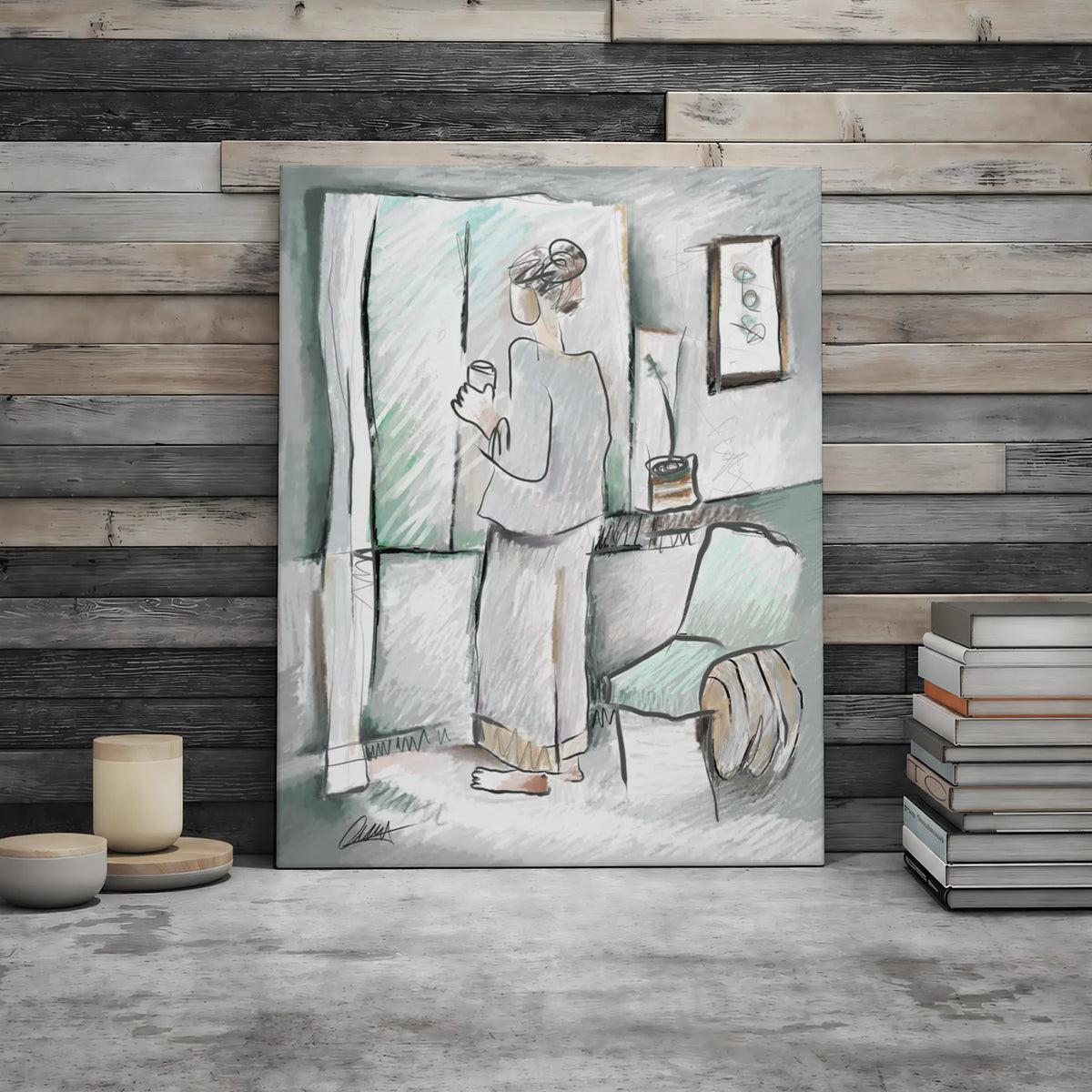 Woman Looking Out Window | Minimalist Print | Customizable Accent Color