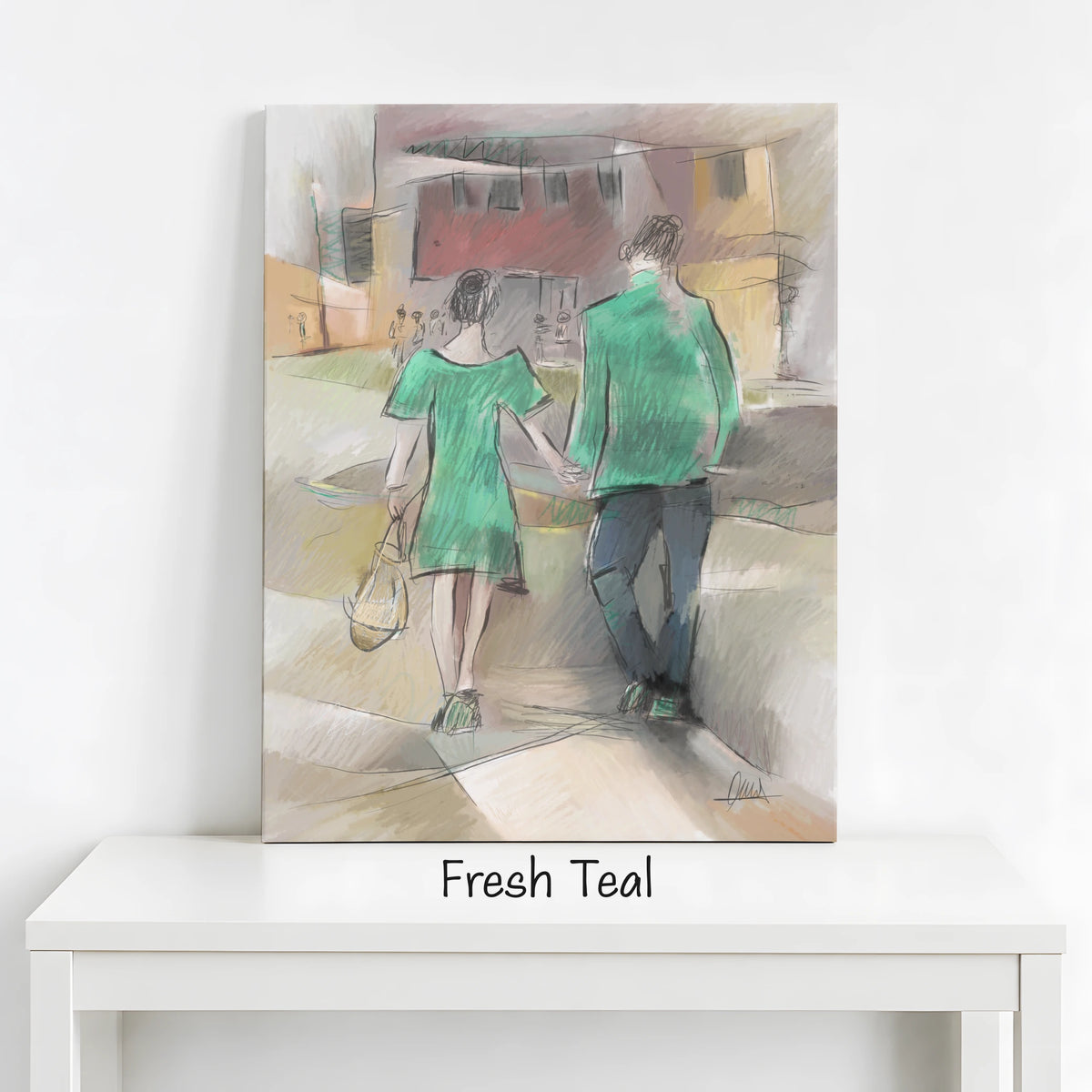Couple Walking Urban Street Canvas Print | Impressionist Style