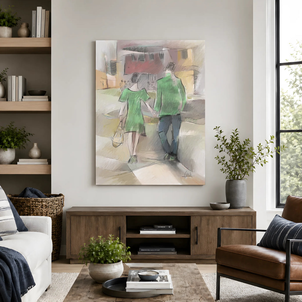 Couple Walking Urban Street Canvas Print | Impressionist Style