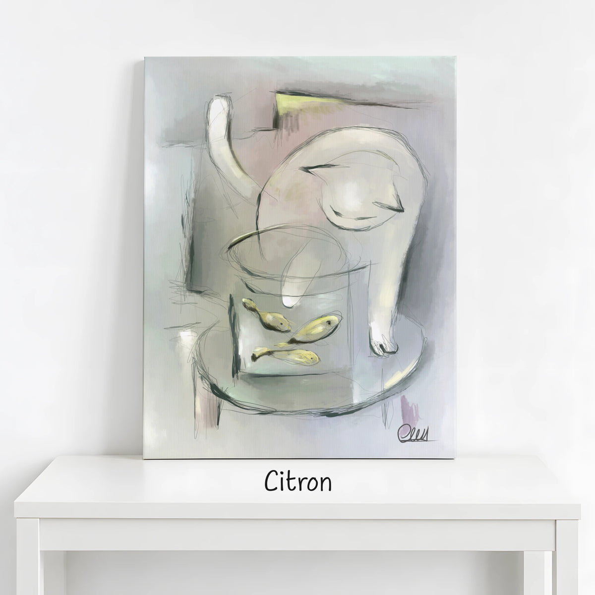 Whimsical Cat Art Print | Muted Palette with Custom Accent Color