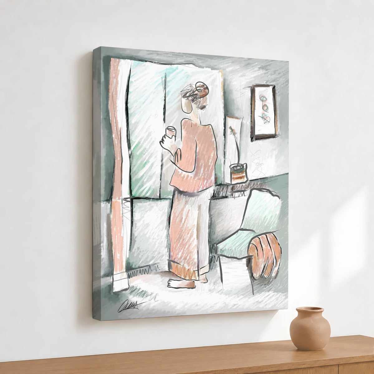 Woman Looking Out Window | Minimalist Print | Customizable Accent Color