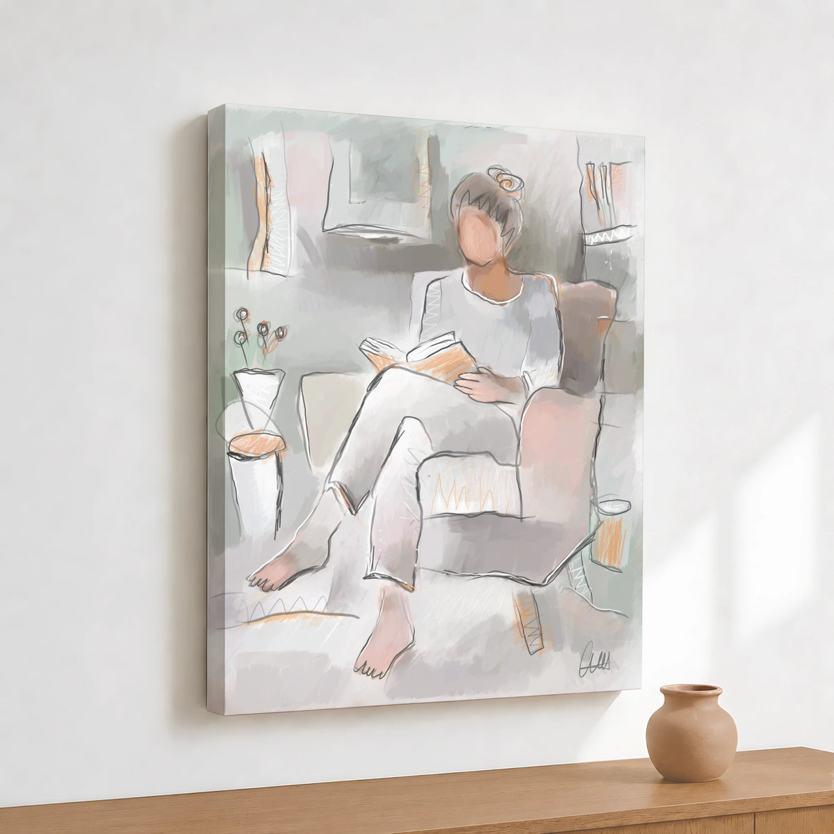 Woman Reading Canvas Wall Art | Neutral Line Art Print